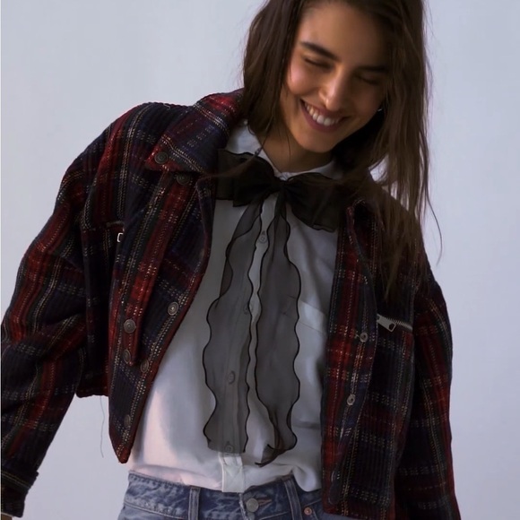 We The Free Free People FP Swing Flight Jacket Red Navy Tartan Plaid Size L - Picture 7 of 16